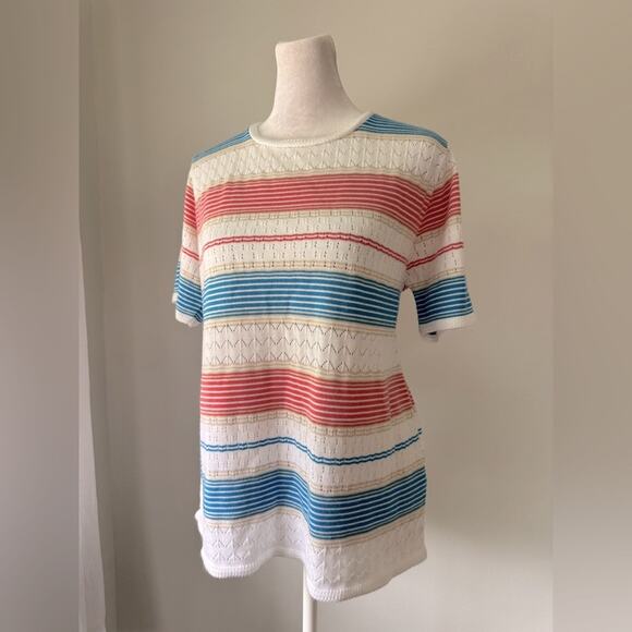 Alfred Dunner White, Pink & Blue Striped Relaxed Fit Short Sleeve Sweater - Picture 1 of 6